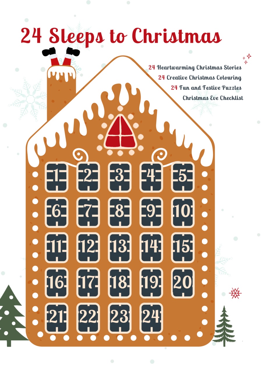 Book cover for 24 Sleeps to Christmas: a gingerbread-house advent calendar with 24 numbered windows.