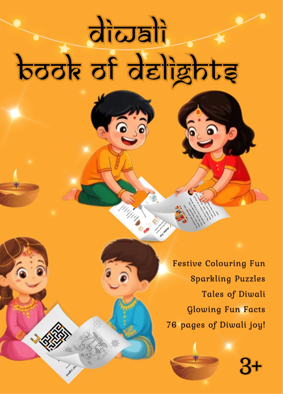 Book cover for Diwali Delights: two children sharing colouring pages by diya lamplight on an orange background.