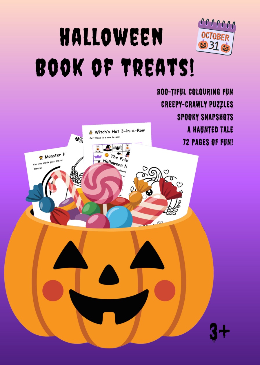 Book cover for Halloween Book of Treats: a jack-o'-lantern basket overflowing with candy on a purple background.